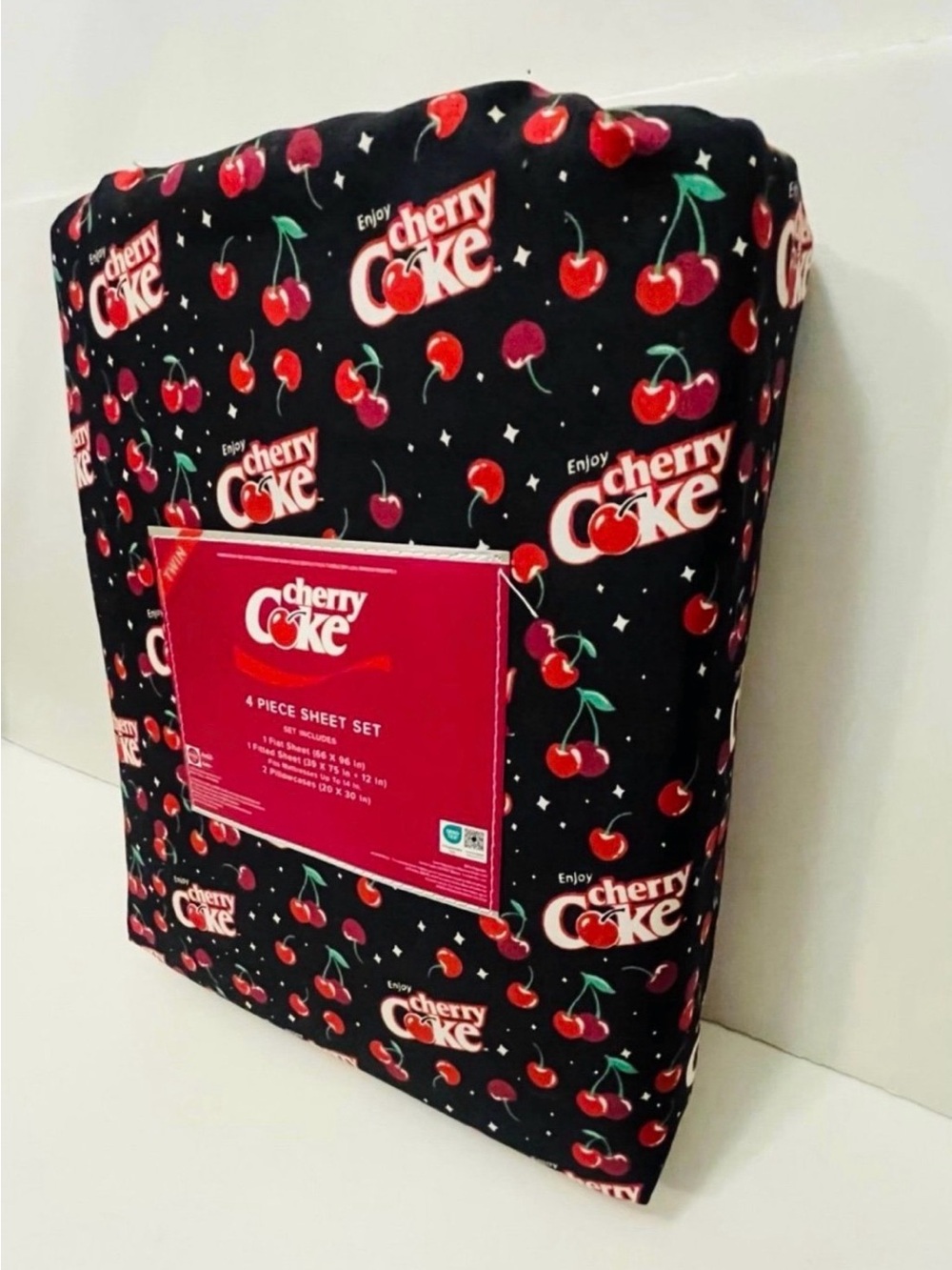 Enjoy Cherry Coke Twin Size 4 Piece Sheet Set Black Red White Green - Picture 12 of 12